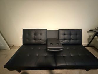Black Faux Leather Futon Sofa with Cup Holders