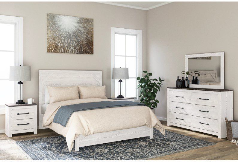 Modern Queen Bedroom Set features white rustic finish w/cool & clean look