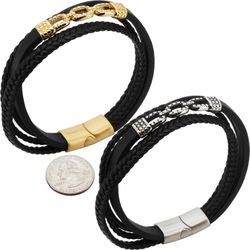 316L Stainless Steel 18k Yellow Gold Plated 17mm Cable Link Leather Bracelet 8.5”