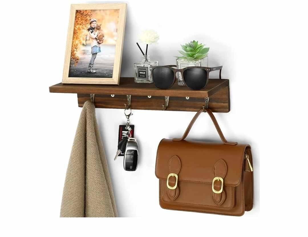 New Shelf with Hooks, Wood Coat Rack Wall Mount with Shelf with 4 Vintage Metal Hooks and Upper Shelf for Storage