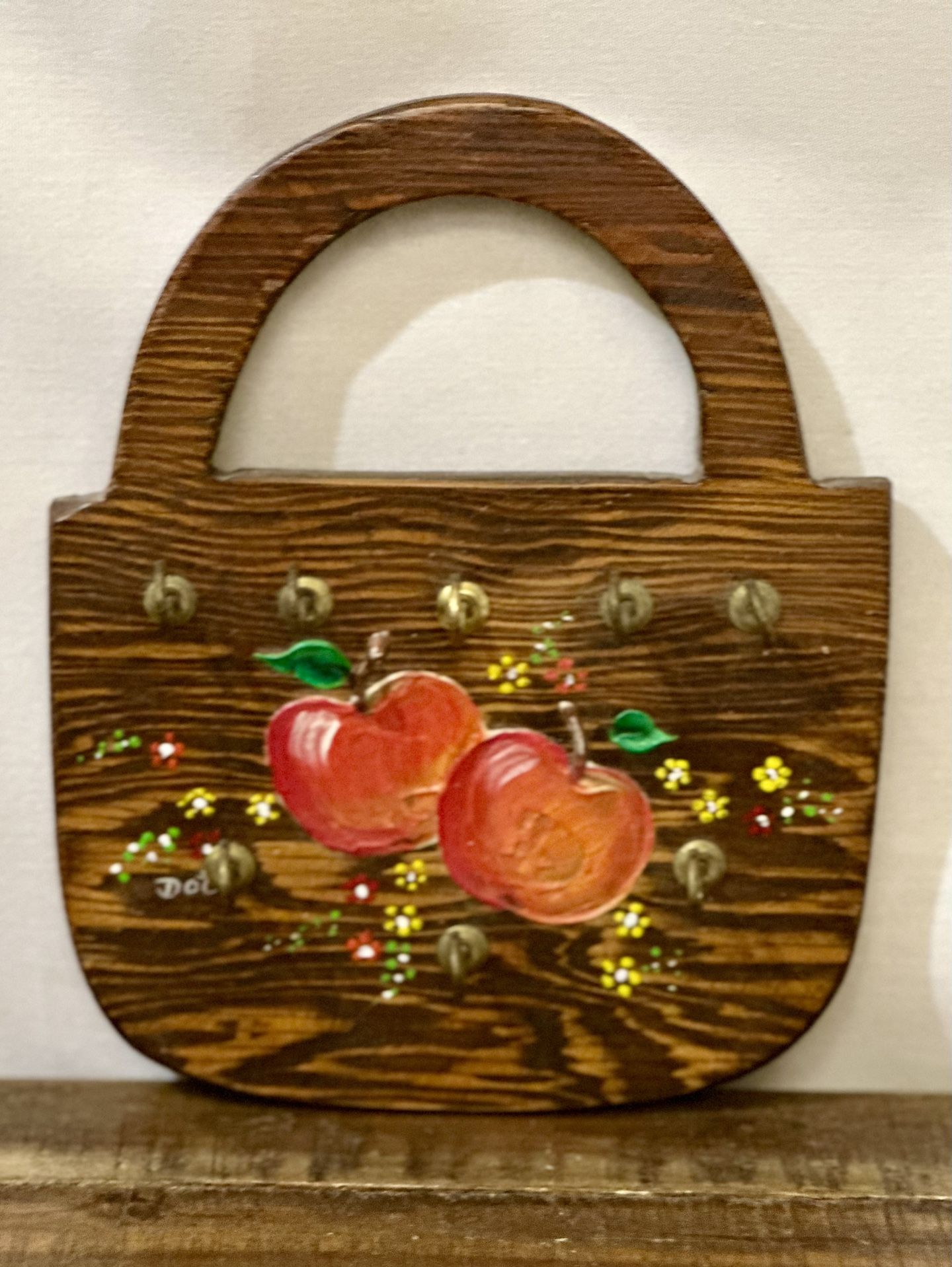 Wooden Wall Key Hooks Holder With Painted Apples /Flowers Signed Dot - Local Pickup or Ship -8”x6.5”