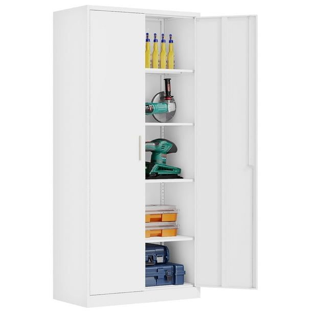 Metal Garage Storage Cabinet with 2 Doors and 4 Adjustable Shelves, 71 Inches Tall White Steel Locking Tool Cabinets for Office, Home, Garage, Gym, Sc