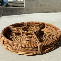 round, hand-woven Chip & Dip Wicker serving tray with divided compartments