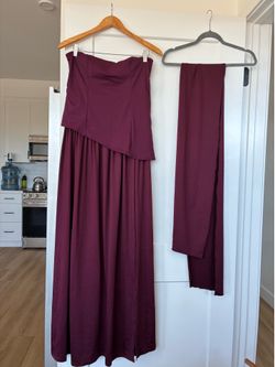 Maroon Strapless Dress w/ Thigh Slit & Scarf