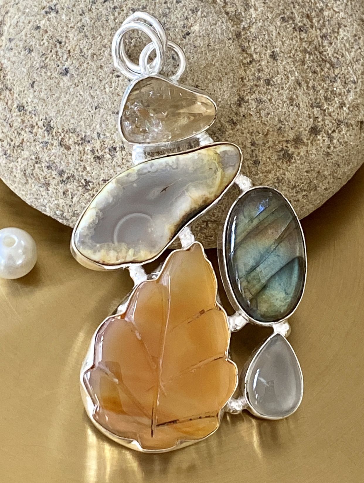 Carved Carnelian, Labradorite And Rough Citrine 925 Sterling Silver Overlay Pendant