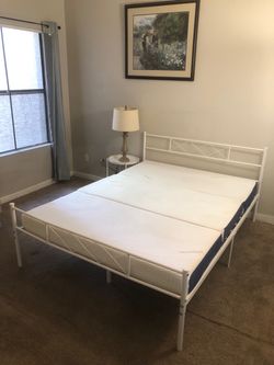 Like new Queen white metal bed frame with IYEE natural folding mattress and table lamp