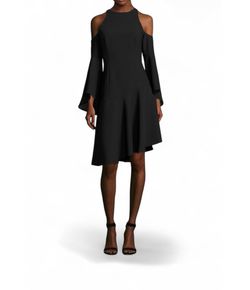 Scripted Cold-Shoulder Bell-Sleeve Dress M
