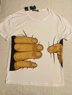 Woman’s novelty white t-shirt 3D optical illusion graphic of giant cartoon hands squeezing or gripping the sides size z-large