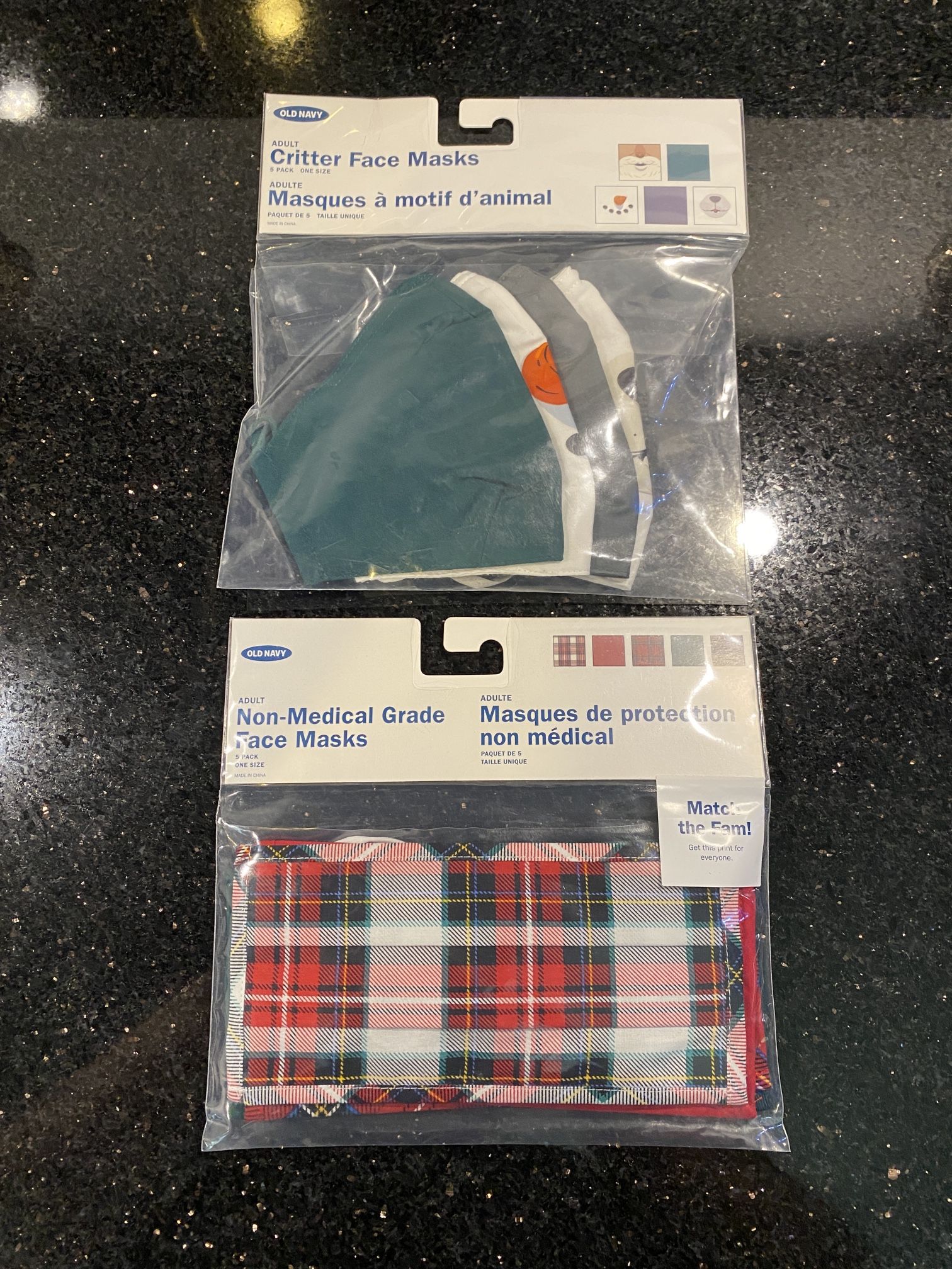 2 Old Navy 5-pk Non-Medical Grade Face Masks Adult One Size Cotton Machine Wash