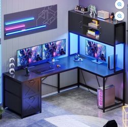 Black L-Shaped Computer Desk w/ Hutch Shelf, Shelves & 2 Drawers 86.6in DJ503351