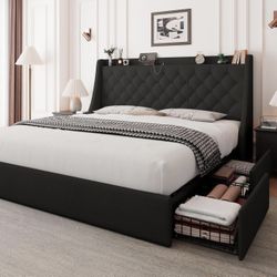 Feonase Upholstered Full Size Bed Frame with 4 Storage Drawers, Large Wingback Storage Headboard, No Box Spring Needed, Black