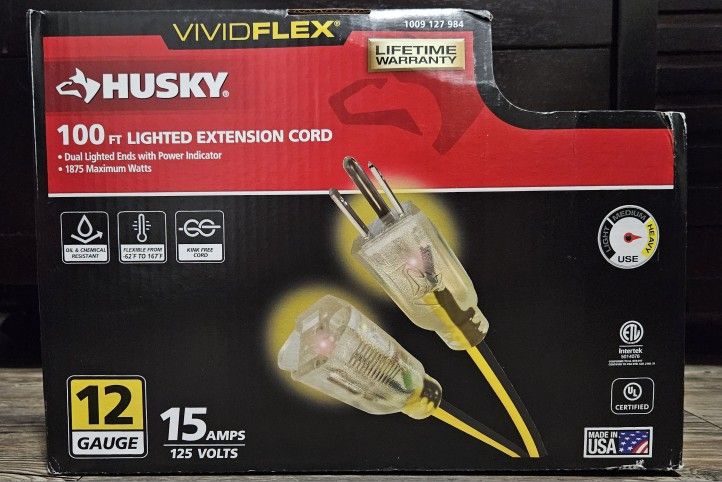 HUSKY 100 FT LIGHTED EXTENSION CORD 12 GAUGE 15 AMPS 125 VOLTS
