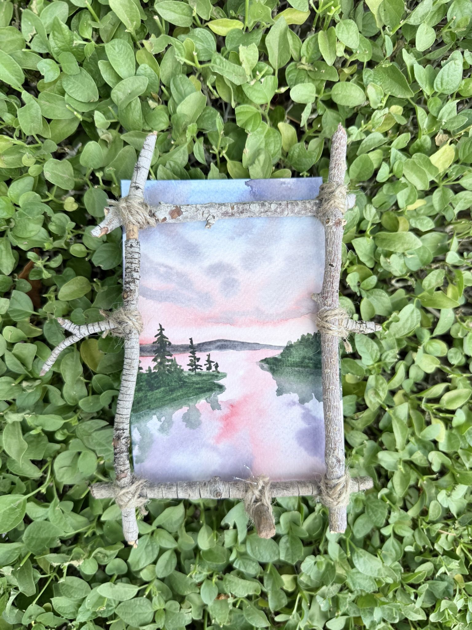Sunset Reflection – Original Watercolor in Handmade Twig Frame