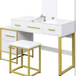 Dressing table 4 Drawer Makeup Vanity Set with Mirror - Particle Board + MDF, Ample Storage & Ideal Gift, White