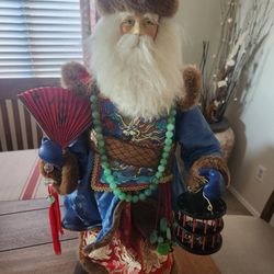 24" Chinese Santa Claus Figurine Handmade w/Jade, Lucky Crickets & Fan 