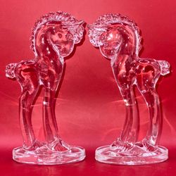  2 clear 5.5" art glass figurines of a horse, specifically a Trojan Horse Standing Pony Figure. 