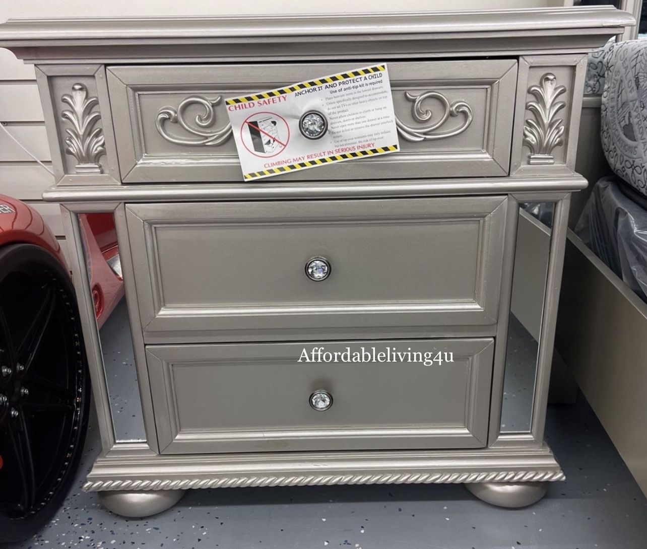 Silver Nightstand W/ Mirrored Trim Brand New In Box