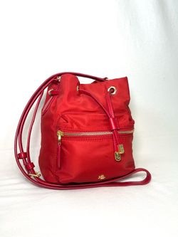 Ralph Lauren Red Nylon Drawstring Bucket Crossbody with Gold Hardware