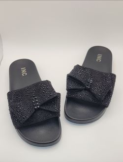 INC "Peymin" (Size 11) Rhinestone Bow Satin Pool Slides Flats Comfort goid condition Price is firm Cash only