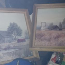  2 Vintage Gene Speck Art Prints Country Landscape Wagon Barn Lithographs.  In wood and glass frames. These are Very nice.

