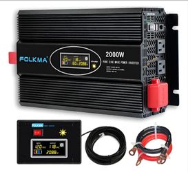 FOLKMA 2000W Pure sine Wave Power Inverter dc 12v to 110v ac for Home RV Vehicle Off-Grid Solar System with hardwire Port, Remote Controller