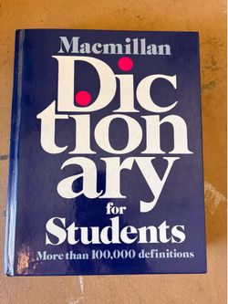 a hardcover edition of the "Macmillan Dictionary for Students" featuring a distinctive blue cover with large white lettering and pink dots