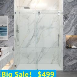 60 in. W x 76 in. H Single Sliding Frameless Shower Door in Chrome with Smooth Sliding and 3/8 in. Glass Clearance Sale