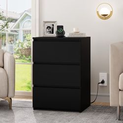 Homfa 3 Drawers Nightstand Set of 2 with Charging Station, Modern End Side Table, Wooden Storage Cabinet for Bedroom Living Room, Black