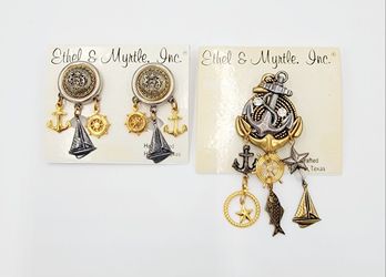 Ethel & Myrtle Nautical Post Earrings And Brooch Set With Anchor Sail Boat Helm