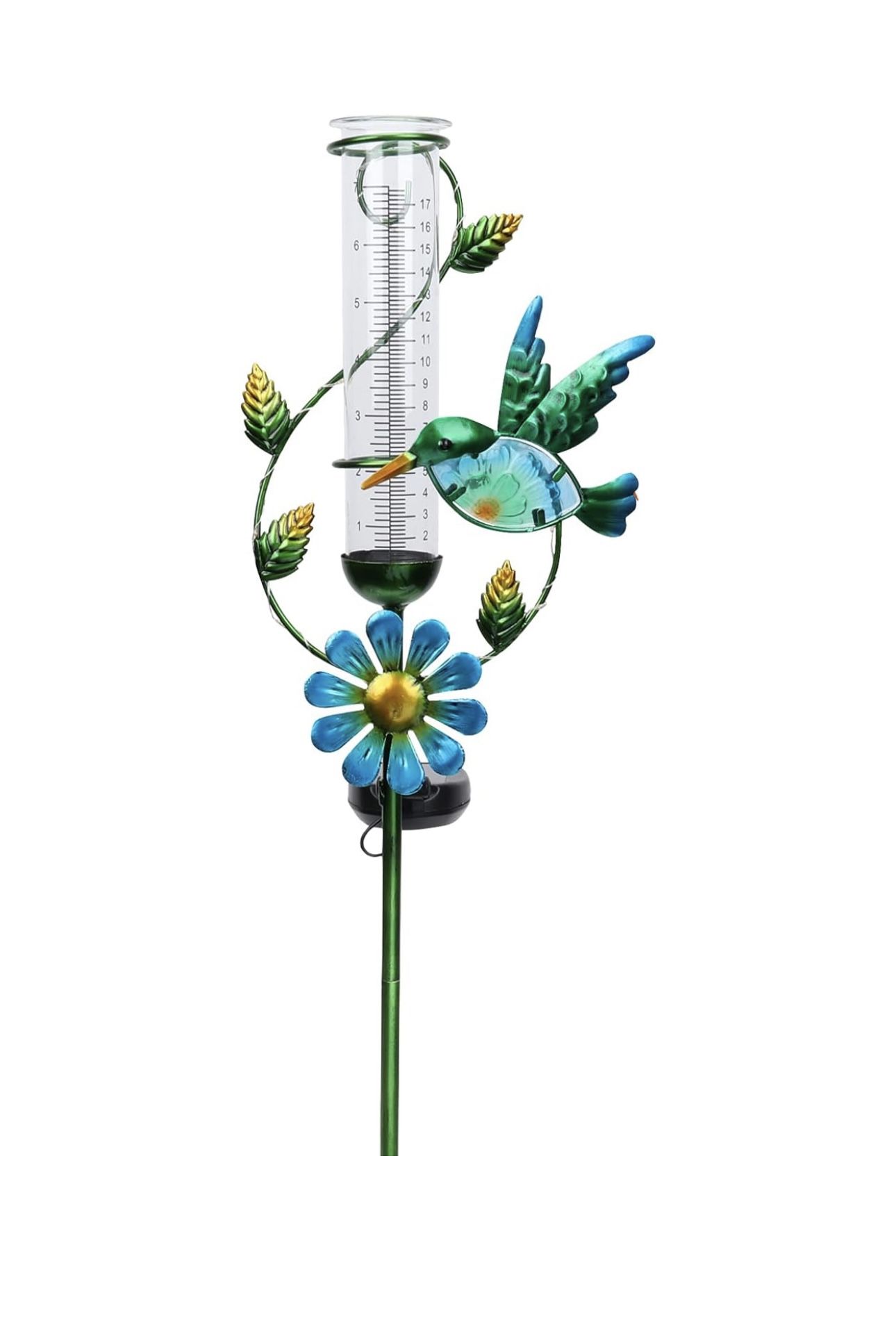Rain Gauge Outdoor, Solar Powered Decorative Metal Hummingbird Flower Stake for Lawn Yard and Garden