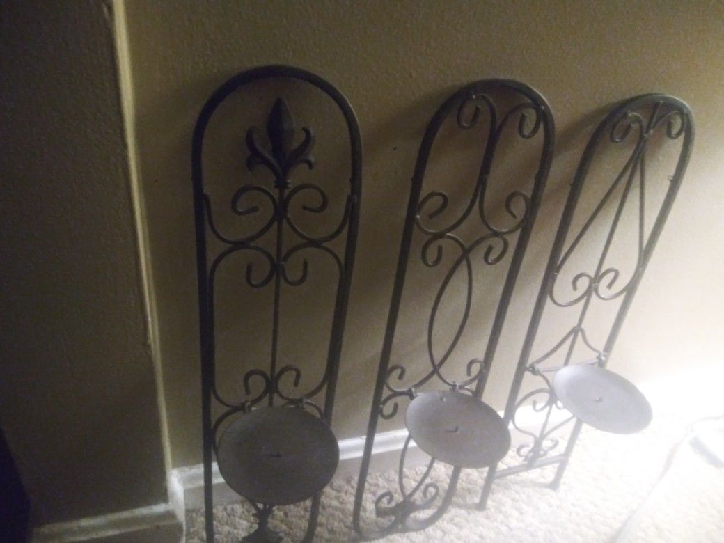 3 Lg Wrought Iron wall Decor Candle Holders