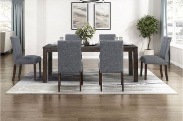 Dining set 7 pc Dark Brown finish, Grey fabric, New Especial price