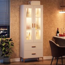 LED-Lit White & Gold Bookcase – 3-Shelf Display Cabinet with Drawers & Doors