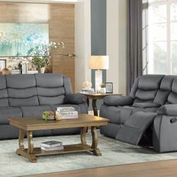 Brand New Gray Or Brown Linen Manual Reclining Sofa + Loveseat With Cup Holders