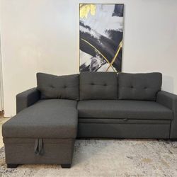 Gray 3-Seater Sectional Sofa with Pull-Out and Chaise Storage