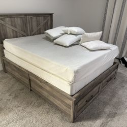 Queen Size Farmhouse Platform Bed with Headboard and Storage, Rustic Gray Finish