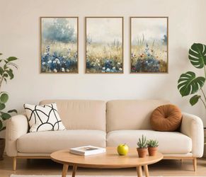 Colorful Pastoral Wildflower Meadow Framed Canvas Wall Art. Set of 3 - 16 x 24 each