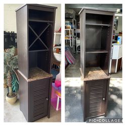 Storage shelves cabinet with removable wine bottle insert. Wood and granite. About 15”x16”x61”. Coral Springs near University and Wiles. $35