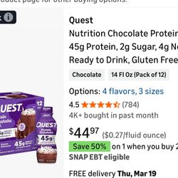 Quest Nutrition Chocolate Protein Shake, 45g Protein, 2g Sugar, 4g Net Carbs, Ready to Drink, Gluten Free, 12 Count 