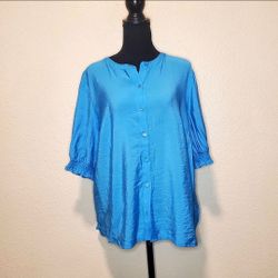 Croft & Barrow Blue Textured Button Up Shirt Plus Size: X-Large 3/4 Sleeve