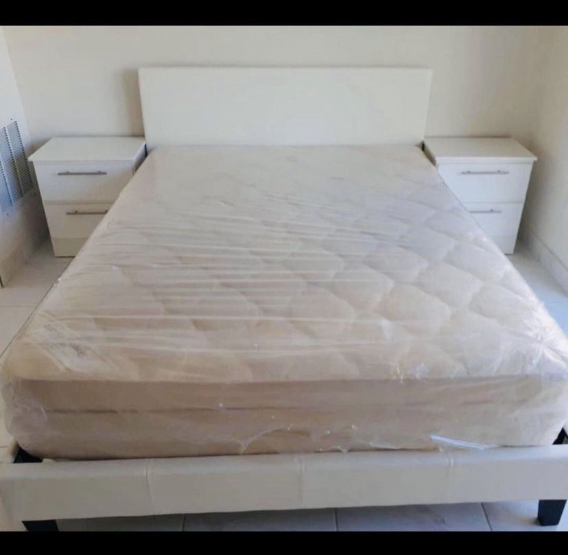 White Queen Bedroom Set With Mattress And Box Spring And 2 Nightstands. Brand New
