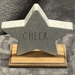 Rae Dunn Galvanized Metal Cheer Star on Wooden Base. 