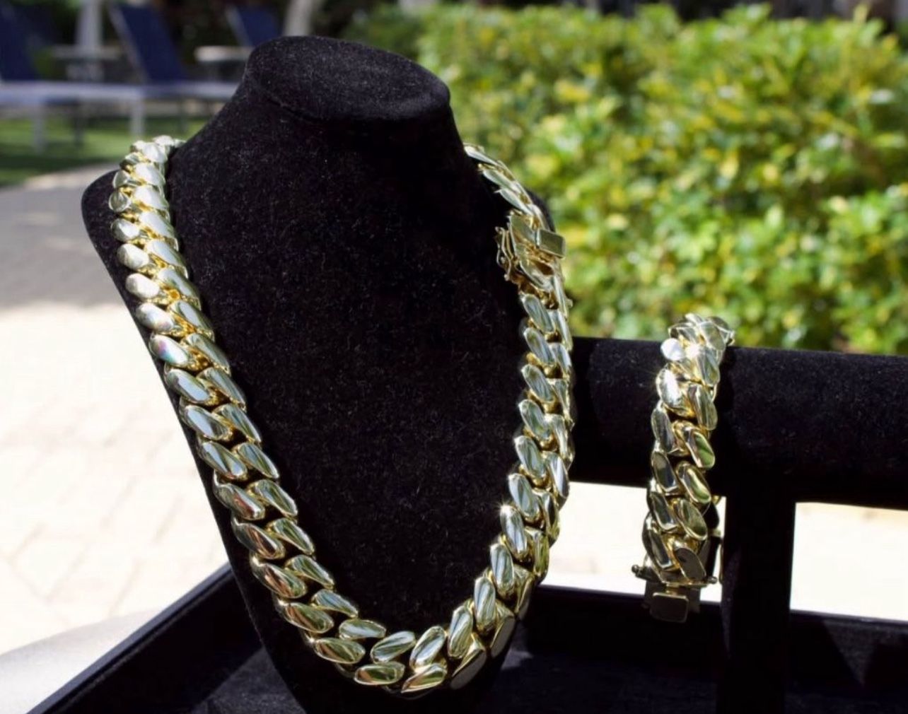 Set Chain & Bracelet 20mm Miami Cuban Link Yellow Gold Plated Chain Necklace 18k & 14k Crab Old School Regular Lock