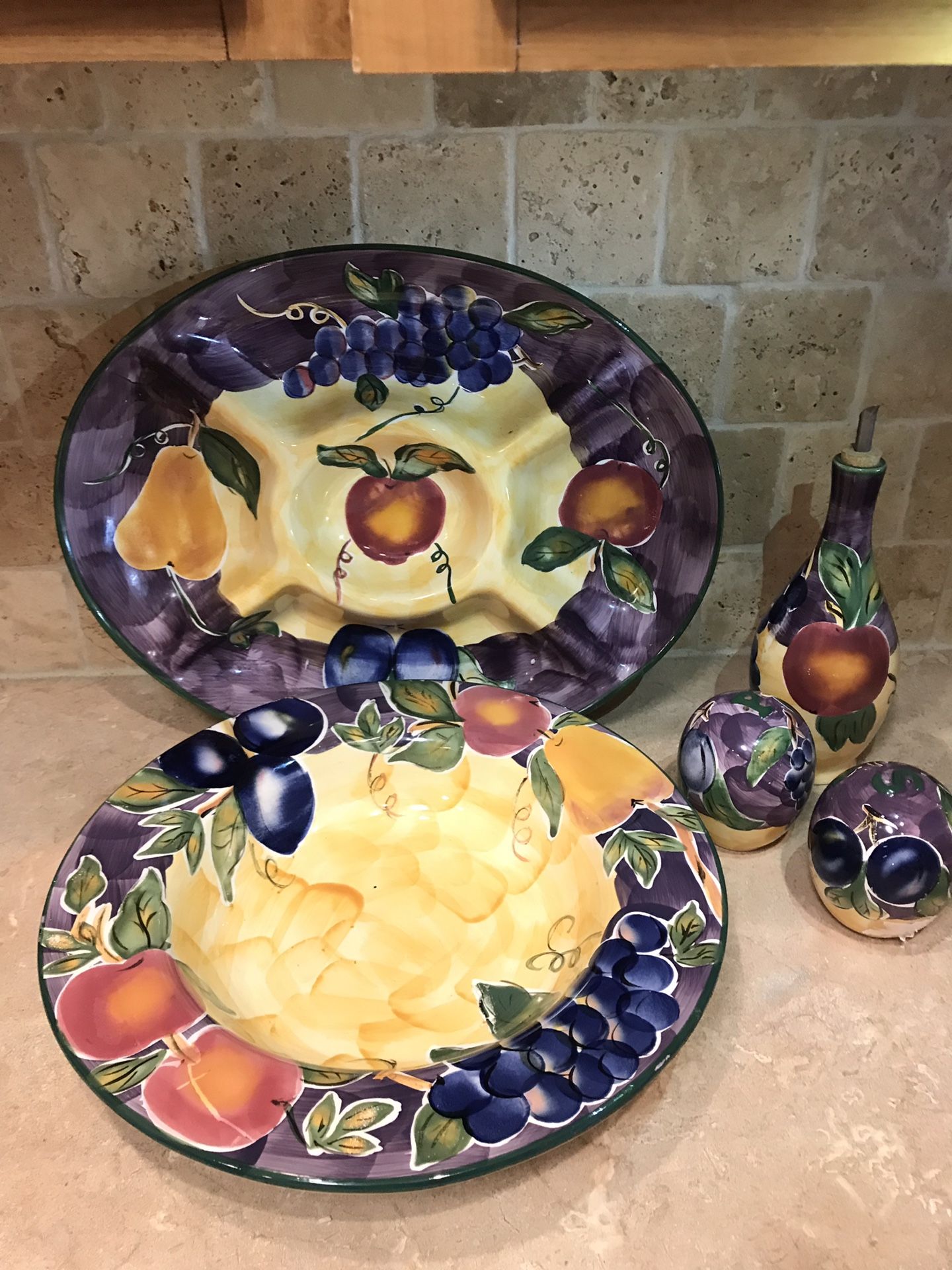 Scandicci Serving Pieces. Divided Serving Tray, and Hugh Serving Bowl and Matching Salt and Pepper Shakers with Vinegar and Oil Karafe