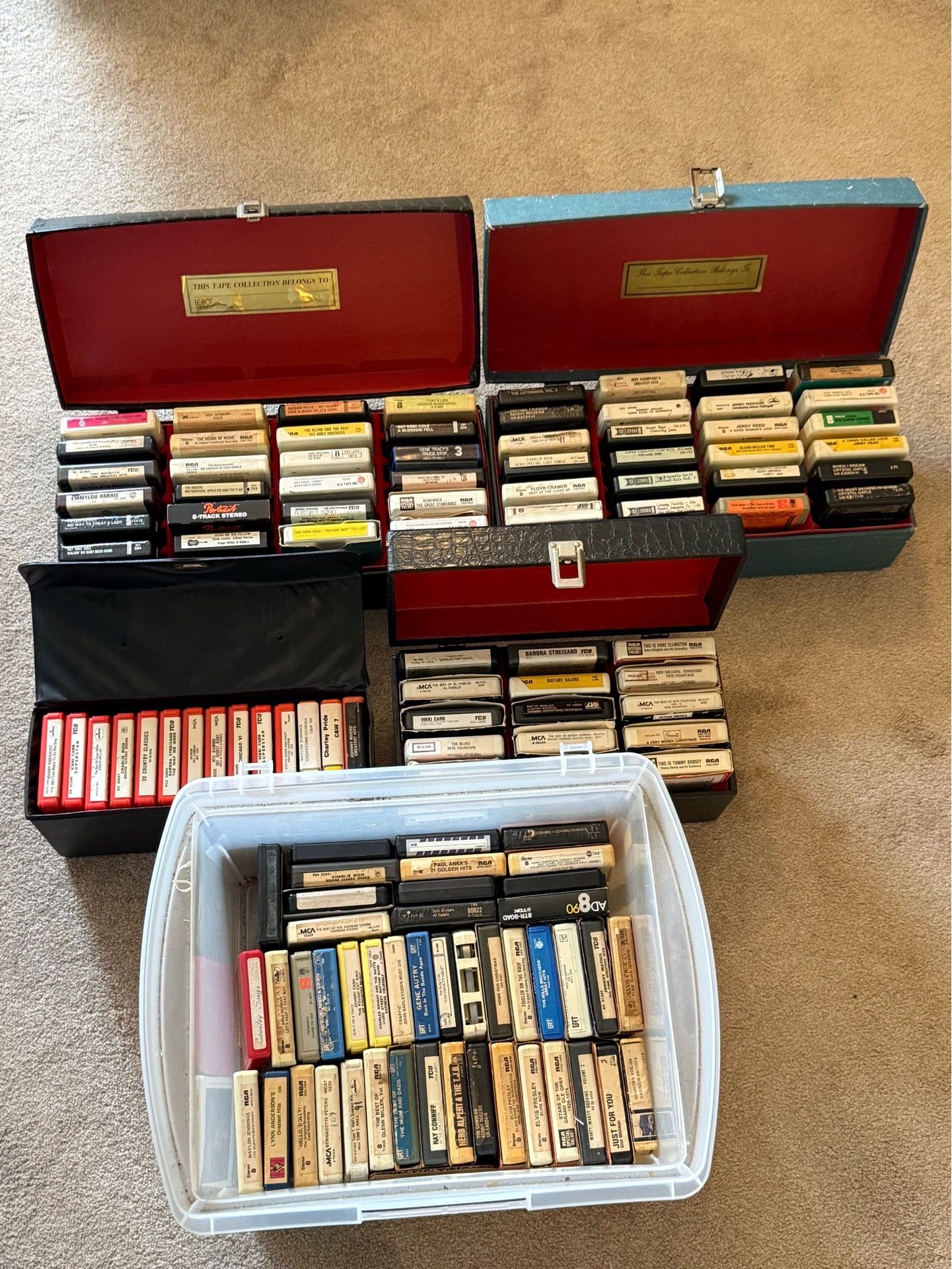 Lot of 125 Vintage 8-Track Stereo Tapes with 4 Carrying Storage Cases - Untested