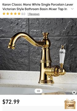 Karon Classic Mono White Single Porcelain Lever Victorian Style Bathroom Basin Mixer Tap In Gold