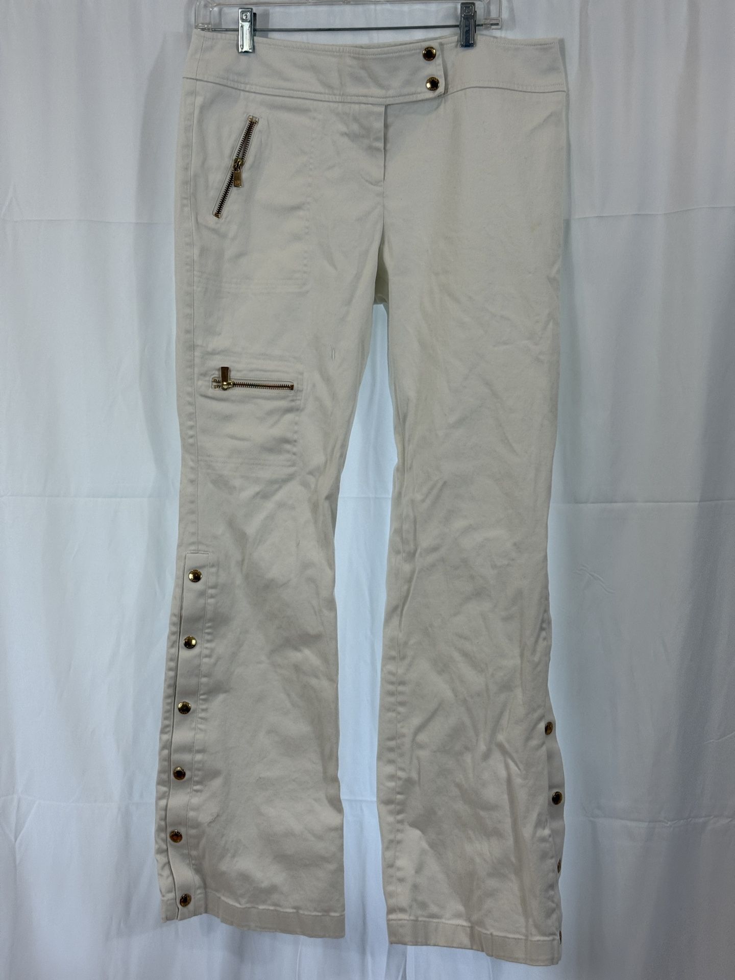 Michael Kors Y2K White Stretch Twill Button-Zip Pants, Size 12