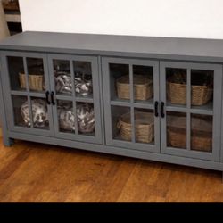 Gray TV Entertainment Cabinet with Glass Doors & Storage Shelves