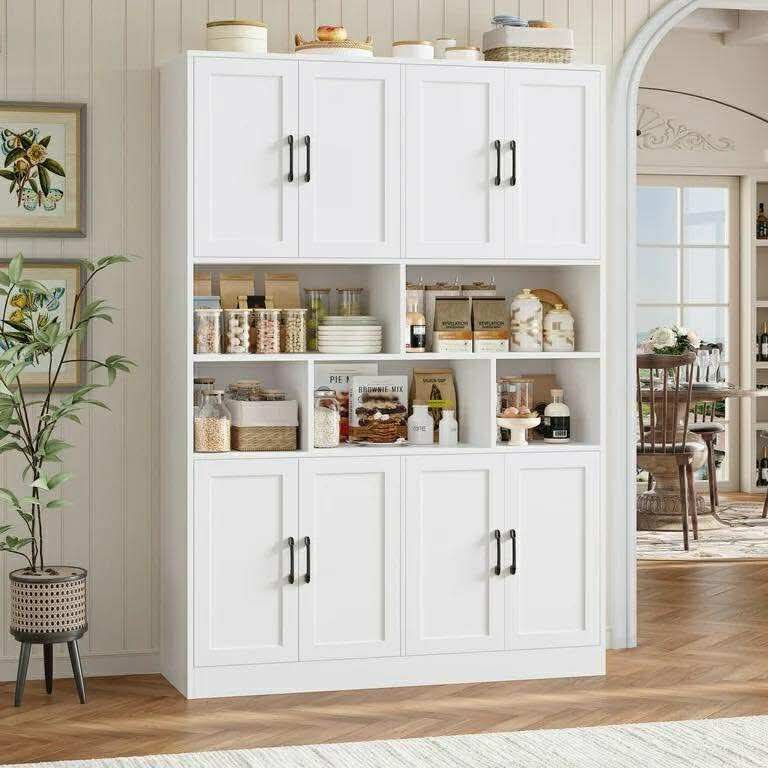 8 Door Pantry Cabinet with Adjustable Shelves，71”H Storage Cabinet with Open Cubes, White.