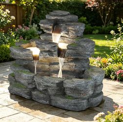 5-Tier Rock Outdoor Water Fountain, 29.7" H Realistic Moss Decor & Cascading Waterfall Fountain with LED Lights, Floor Standing Resin Garden Water Fea